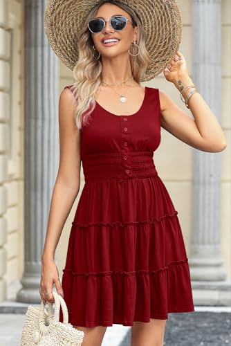 Image of Dokotoo Womens Summer Dresses 2026 Sleeveless Button Down Smocked Empire Waist Ruffle Tiered Casual Swing Mini Dress
