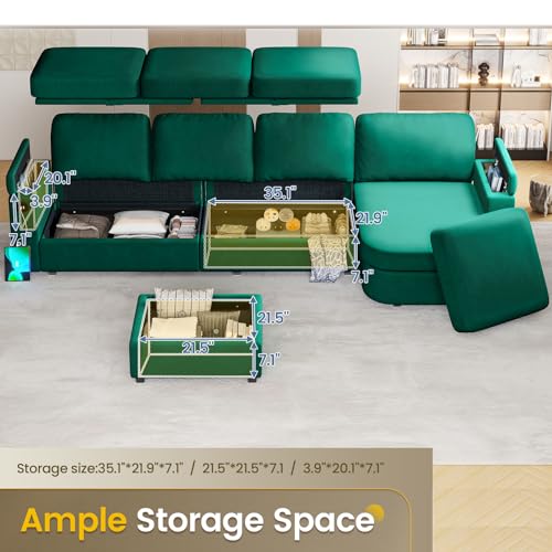 Image of SEDETA 120 inch U Shaped Couch, Sectional Sofa Couch with Storage Seat, Velvet Convertible Sofa with Reversible Chaises, Sectional Couches with Ottomans for Living Room, Green