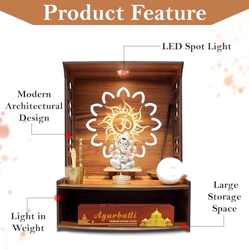 Image of GLUN Beautiful Wooden Pooja Mandir for Home | Wall Mounted Puja Temple with LED Light | Compact Prayer Stand for Office & Apartment Size 15x11x11 Inch