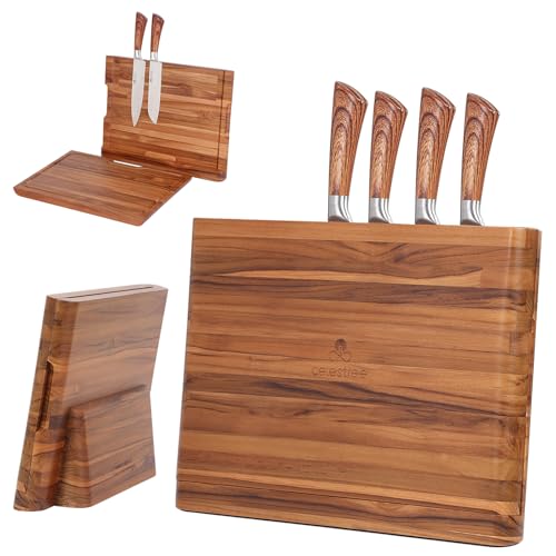 CELESTREE Soporte magnético 2 en 1 para cuchillos con tabla de cortar de 16 x 11 pulgadas, hecho de madera de teca natural de alta calidad, exquisitamente fabricado con diseño elegante, ideal para un