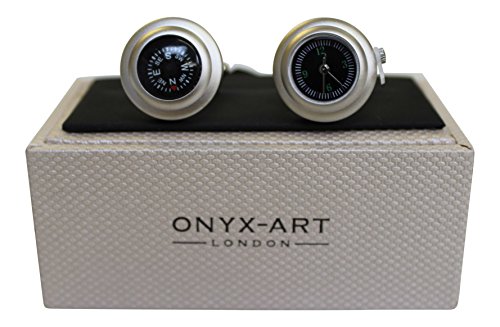 Onyx Art London - Gemelos para Hombre (rodio, Satinado, brújula)