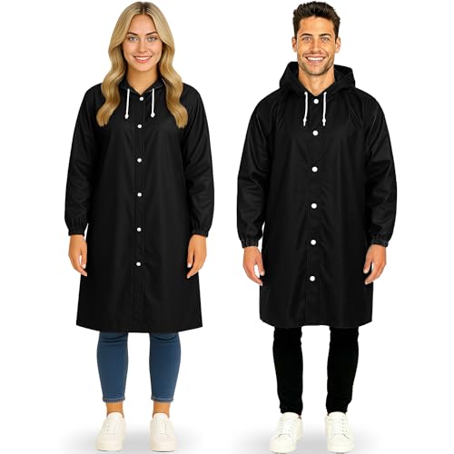 REDSTAR 2 Pack of Rain Ponchos - Long Rain Poncho Waterproof Adult Raincoats with Hood - Reusable Rain Coats for Women or Rain Coats for Men -Packable Rain Jacket for Festival Accessories (Black)