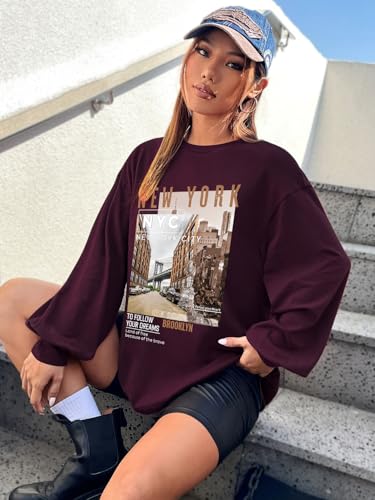 Image of CHKOKKO Oversized Round Neck Drop Shoulder Printed Polyester Full Sleeves T-Shirt for Women