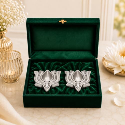 Image of 999 Pure Silver Plated Lotus Diyas for Pooja - Set of 2, Handcrafted Silver Diya for Puja & Spiritual Gifting for Home Decor