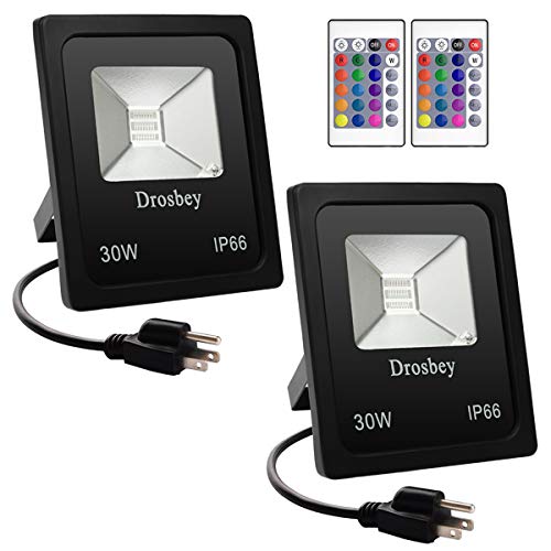 Drosbey 30W RGB LED Flood Light, Outdoor Color Changing LED Security Light with Remote Control, 16 Colors & 4 Modes, IP66 Waterproof, Dimmable Wall Washer Light, Stage Lighting (2 Pack)