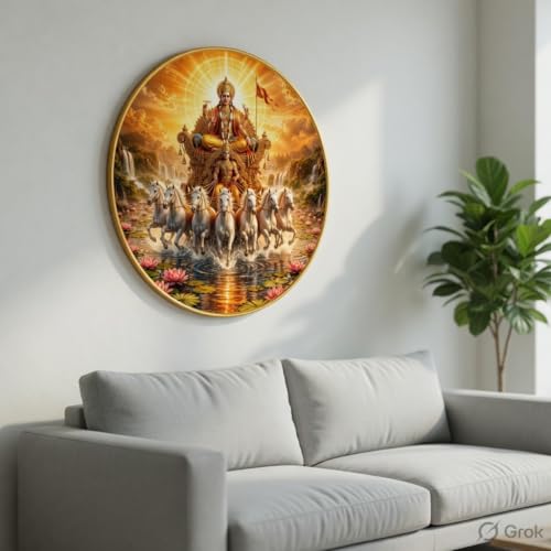 Image of SAF Surya Dev Wall Art with PVC Round Frame | Sparkle Laminated Sun God Chariot Seven Horses Divine Painting | Spiritual Wall Decor for Home Temple Living Room Office Gift Item