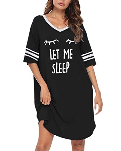 KAMONG Sleep Shirts for Women Short Sleeve Cotton Novelty Night Shirts V Neck Oversized Nightgowns Cute Printed Nightdress2