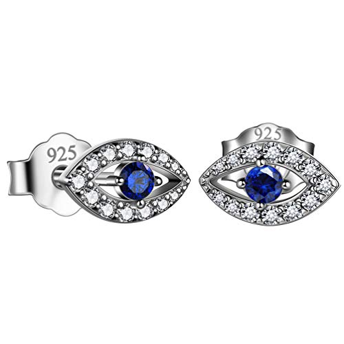 Besilver Lab Sapphire Wishes Evil Eye Pierced Earrings Sterling Silver Blue Cubic Zirconia Evil Eye Post Stud Earrings Jewish Jewelry FE0075W