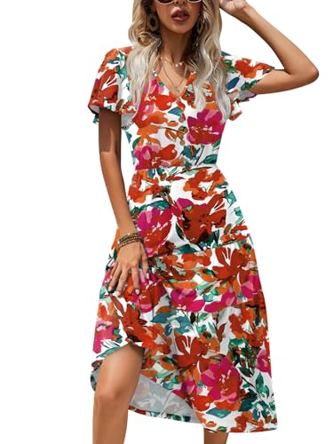 Image of Zeagoo Women Dresses Summer Flutter Sleeve Sleeve V-Neck Button Front Beach Sundress