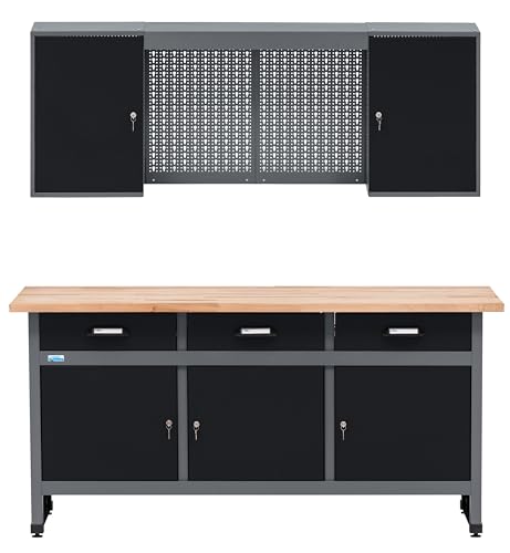 Küpper Werkstatt Set 70421-9, Werkstatteinrichtung Werkbank 170 cm mit Vollbuchenplatte, Hängeschrank, Lochwand inkl. 12 Metall-Standardhaken...