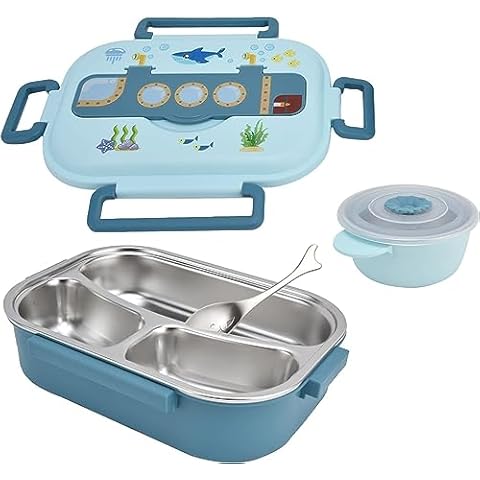 LIZEALUCKY Lunch Box, Bento Boxes, 3 Compartment Bento Lunch Box, Stainless Steel Sealed and Insulated Lunch Box Leak‑Proof Fall Resistant Cute Cartoon Food Box 2 Lid for Adults(Blue) Cover