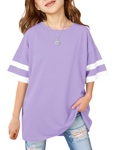 Image of Girls Oversized T Shirts Kids Summer Striped Short Sleeve Tops Casual Crewneck Tees 5-14 Years