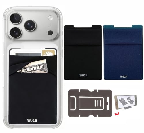 WUOJI RFID Blocking Phone Card Wallet - Double Secure Pocket - Ultra-Slim Self Adhesive Credit Card Holder Card Sleeves Phone Wallet Sticker All Smartphones (Black Blue)-2PC