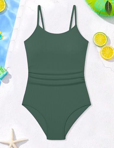 Image of AGAPENG Girls Swimsuit One Piece Ruched Solid Color Bathing Suit for Girls Ribbed Adjustable Straps Pad Swimwear 9-16Y