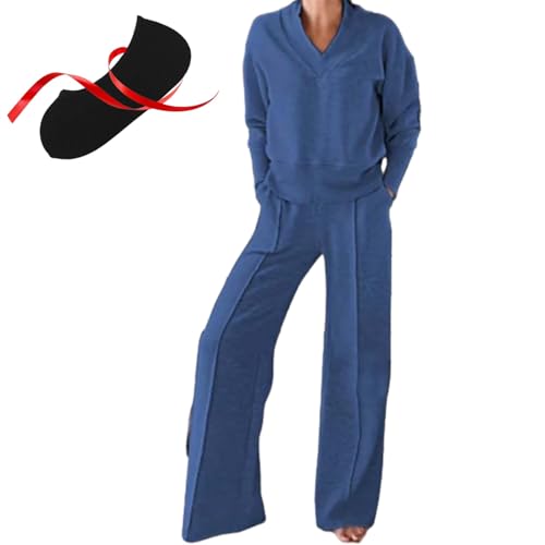 Women's Solid Color V-Neck Top & Pants Two-Piece Set,Women's Wide Leg Lounge Pants Sweatshirt Sets for Women (5XL,Blue)