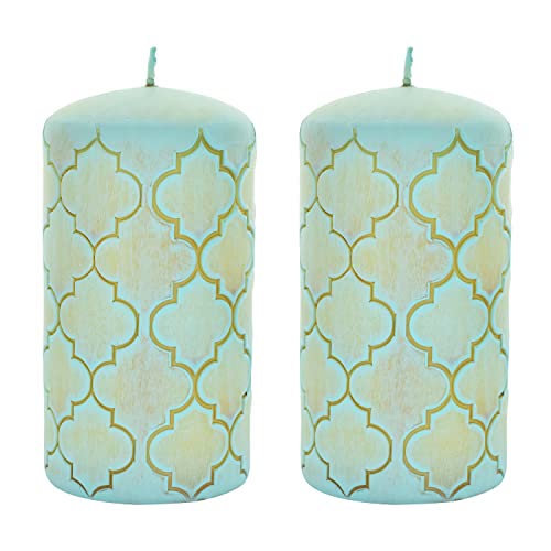 Image of G Decor Morocco Inspired Mint and Pink Light Brass Pastel Pillar Candles Anniversary New Home (Mint Set of 2)