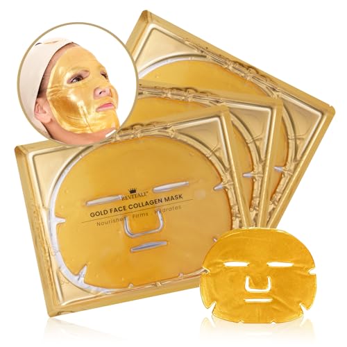Revitale 24K Gold Face Mask (3 Pack) – Hydrating & Nourishing Sheet with Collagen and Natural Extracts for Radiant, Moisturised Skin