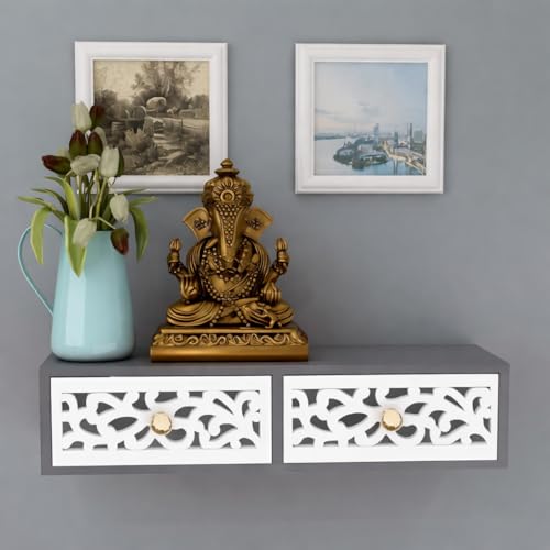 Image of Floating Shelves with Drawer, Wall Shelves Multi use as Cabinet or Nightstands for Desk or Wall Storage (Grey & White)