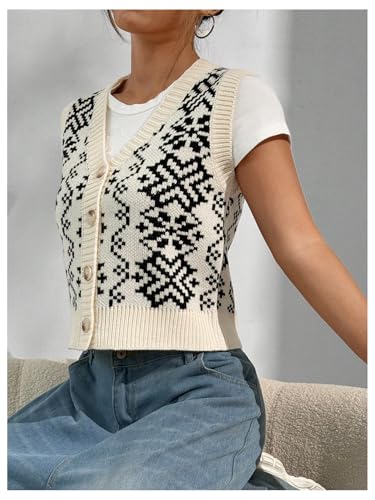 Image of MakeMeChic Women's Geo Print Cable Knit Sweater Vest Button Front Sleeveless V Neck Top Multicolor Medium