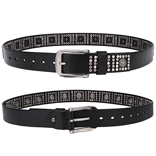 Punk Rock Hollow Flower Belt - Circular Rivets In Square Arrangement, Cow Leather Waistband For Men & Women3