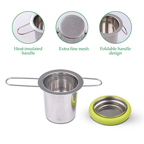 Fenshine Tea Infuser Stainless Steel Tea Strainer Folding Handle Tea Filter Extra Fine Mesh Strainer Brewing Basket with Lid for Loose Leaf Tea (Green) - Thumbnail 7