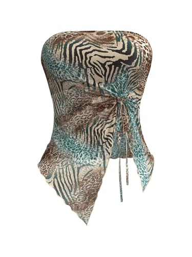 Women's Y2K Cheetah Print Tube Top Leopard Backless Mesh Sheer Bandeau Crop Top Strapless Tie Party Rave Clubwear