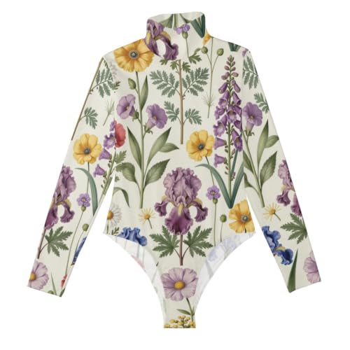 Body de manga larga para mujer GuoChe con diseño retro de jardín y cuello alto