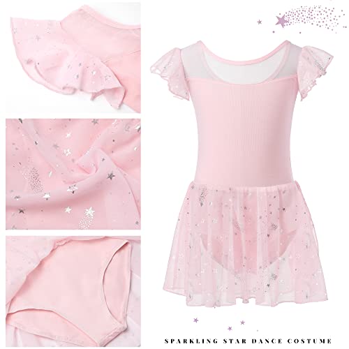Foto von Aiseyi Mädchen Ballettkleidung Stern Ballettkleid Baumwolle Tanzkleid Rosa Ballett Trikot Kurzarm Ballettanzug Kinder Ballerina Kleid Balletttrikot Ballett Kleider 3-4 Jahre