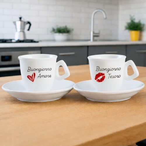 BrandPrint Set 2 Tazzine Caffè con Piattino - Serigrafate BUONGIORNO AMORE, BUONGIORNO TESORO in Box Elegante - Idea Regalo per Coppie, San Valentino, Anniversario, Fidanzamento, Matrimonio