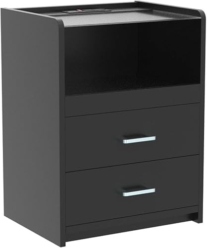 Miniatura 5 de VIAGDO Nightstand with LED Lights and Charging Station, 2 Drawers LED Night Stand with Tempered Glass Tabletop, Modern End Side Tables with Pull-Out