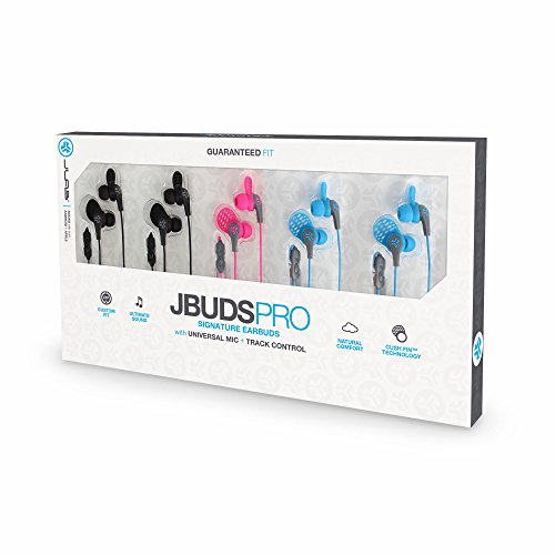 JLab Audio JBuds Pro Signature Earbuds | Titanium 10mm Drivers | Music Controls, Universal Mic | Custom Fit with Cush Fins | Multi-Color, 5 Count