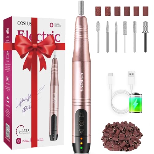 COSLUS Nail Drill Cordless Portable Electric Manicure and Pedicure Set, Professional Nail Files for Acrylic Gel Nails, 11 Nail Drill Bits, Cuticles Hard Skin, Adjustable Speed Rechargeable E File