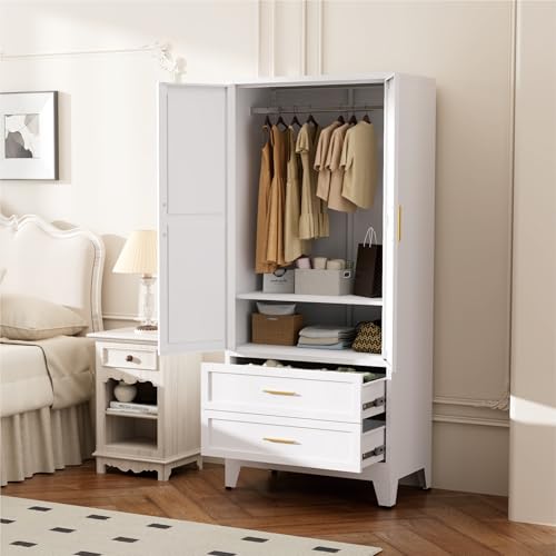 Image of Metal Wardrobe Closet, Armoire Wardrobe with Two Drawers Clothes Cabinet for Bedroom, 71 inch Tall Farmhouse Steel Armoire Closet with Drawers and 2 Doors Clothing Storage Cabinet with Hanging Rod
