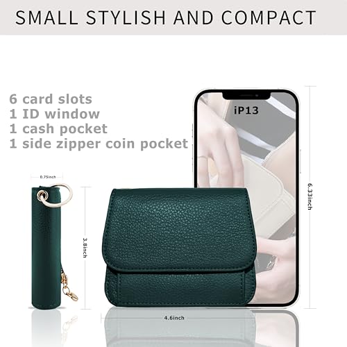 Image of Women Small Wallet RFID Blocking Slim Wallet with Coin Pocket Tri-Fold Credit Card Holder with ID Window and Keychain (Dark Green)