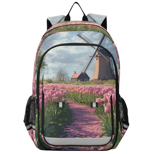 ALAZA Pink Tulips Windmill School Backpacks Reflective Safety Backpack