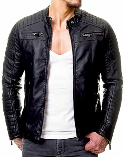 Image of Men's Leather Jacket Cafe Racer Biker Style Retro Stripes Jacket, Motorcycle Racing Leather Jacket (US, Alpha, Small, Regular, Regular, S13) Black Vintage Biker Jacket