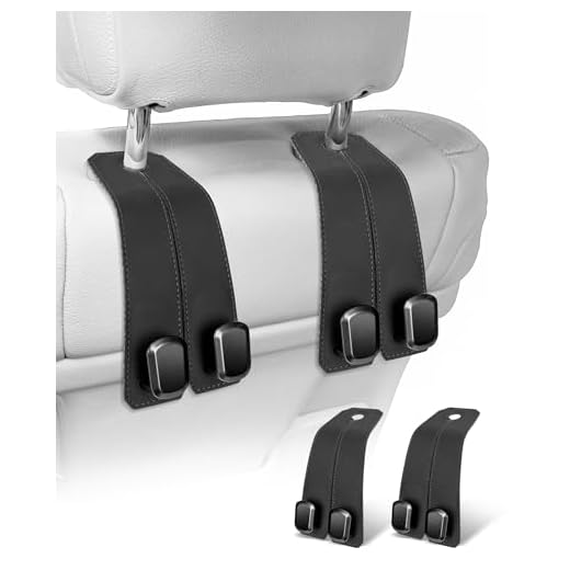 VETERBONE Car Hooks for Headrest, 2Pcs Seat Back Storage Hook Luxurious Leather 100% Metal Multifunctional Car Hanger & Holder for Heatrest, Seat, Bag, Purse (Black)