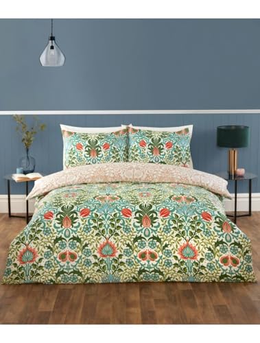 Image of Heritage Flora Duvet Cover Set with pillowcases Navy/Multi in Single, Double and King sizes, Fully Reversible (Multi, Double)