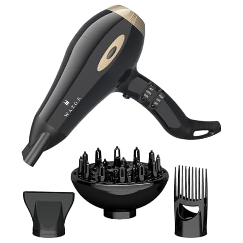 Wazor Salon Hair Dryer Professional Negative Ionic Blow Dryer 1875W, 2 Speed and 3 Heat Settings Fast Drying with Diffuser and Comb Mid-Size Black Color Cover
