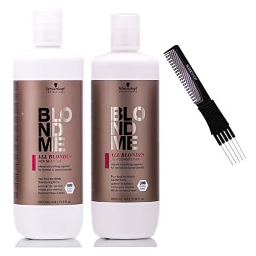 Schwarzkapf BLONDME Blond Me All Blondes RICH Shampoo & RICH Conditioner, Intense Nourishing Regiment for Normal to Coarse Blondes - DUO SET, Newest 2023 Formula with 3D Hair Bond Creation (w/ SLEEKSHOP Premium Teasing Comb) Blonde Me Blondeme (RICH Shampoo (33 oz) + Conditioner (33 oz))