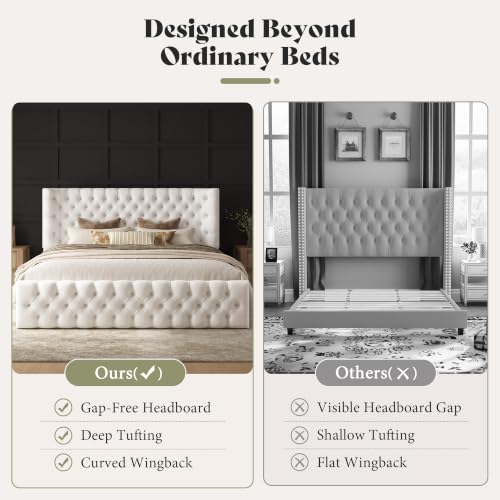 Image of AMERLIFE California King Upholstered Bed Wingback Headboard, Cream Velvet
