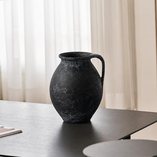 LB2 Black Ceramic Large Vase, 11.2" Tall Zen Style Vase, Terra Cotta Pitcher, Distressed Farmhouse Decor, Pottery Decorative Flower for Home Decor (D - Black 11.2") - Image 2