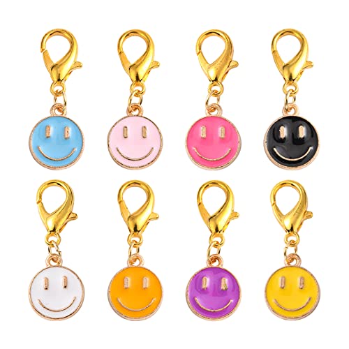 Ipotkitt 100Pcs Flat Round with Happy Face Alloy Enamel Charm Pendants Decorations with Zinc Alloy Lobster Claw Clasps for DIY Making - 31mm