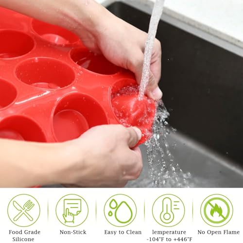 Large Muffin Tray 12 Cup, Silicone Muffin Pan, 2pcs Non-Stick Muffin Cupcake Tin, Baking Mould for Muffins or Cupcakes, Dishwasher Safe, Reusable Baking Moulds Tins-30 x 22 x 3cm (Red) - Image 4