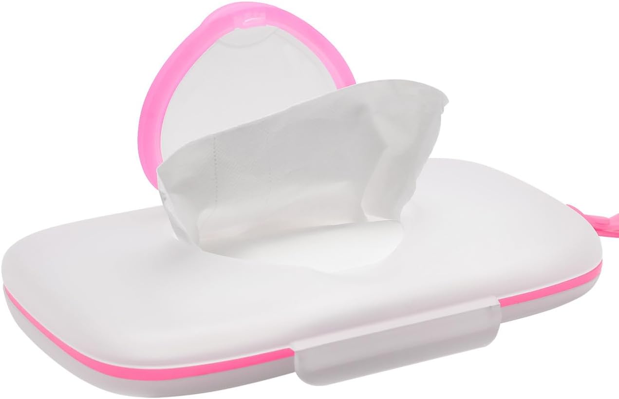 Portable Baby Wipes Holder, Travel Wipes Case, Pink Plastic Dispenser for Diaper Bag, Outdoor Stroller Hanging Container, 8.66 x 5.31 x 1.18 Inch