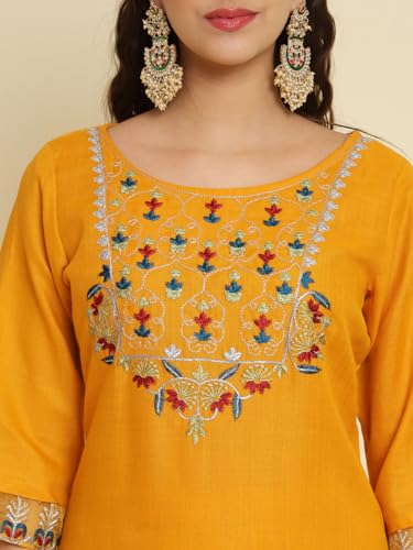 Image of VredeVogel Women's Cotton Blend Kurta Pant Set with Chanderi Silk Dupatta