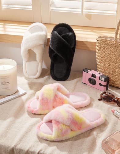 Image of HomeTop Fluffy Slippers for Women Cross Band Soft Plush Indoor House Shoes