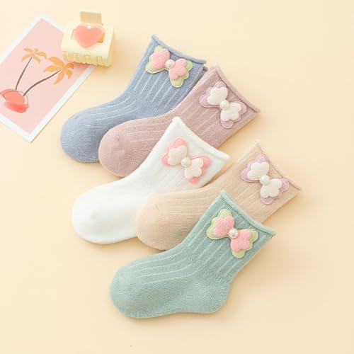 5 Pairs Kids Girls Casual Fuzzy Crew Socks Autumn Winter Warm Thick Boot Cozy Socks Cute Bow Toddler Girls Socks4