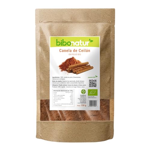 Bibonatur Canela de Ceylan en Polvo Eco 150gr – Vitamina B1, C, Potasio, Hierro y Calcio – Superalimento Antioxidante – Apta para Veganos – Producción Ecológica