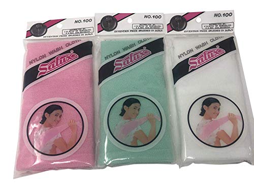 (Pink Green and White) - Salux Nylon Japanese Beauty Skin Bath Wash Cloth/towel (3) Pink Green and White